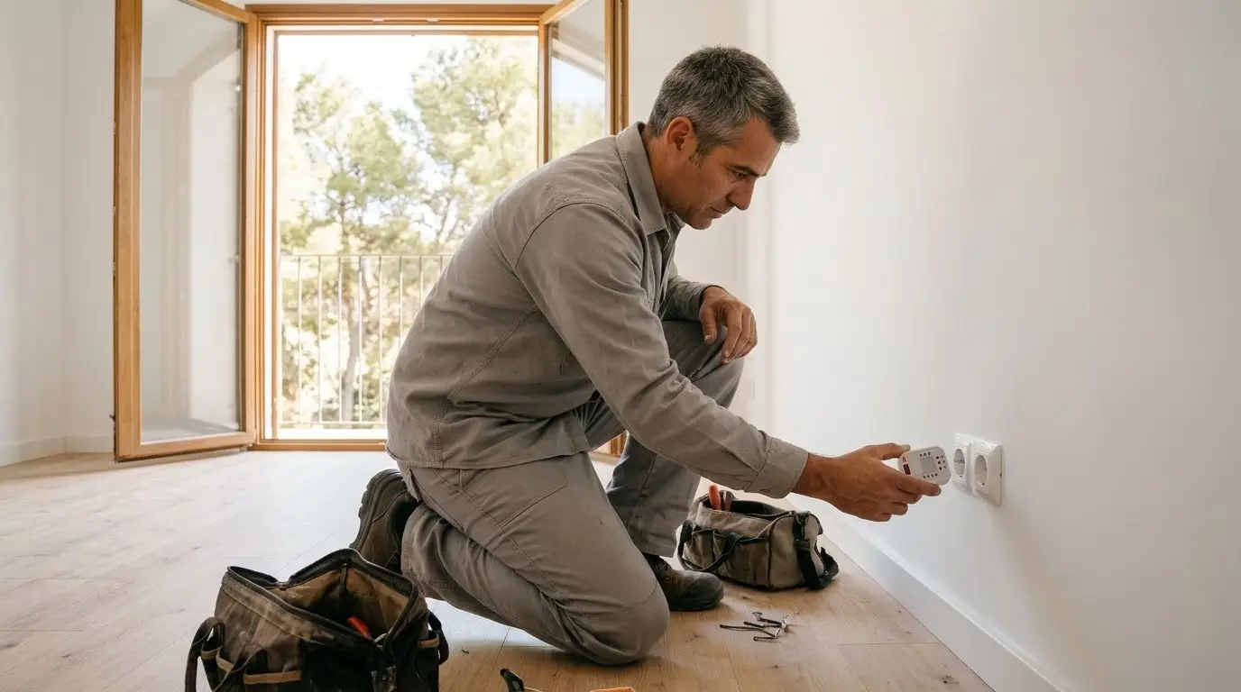 Electricista midiendo con un comprobador un enchufe de una casa vacía antes de dar de alta la luz