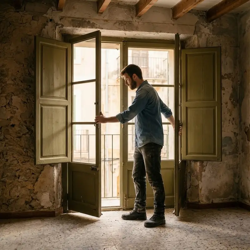 Hombre joven abriendo las contraventanas verdes de una casa de pueblo vacía