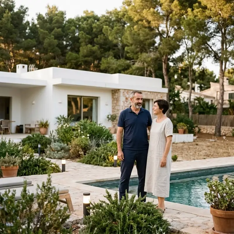 Pareja de mediana edad en el jardín de su chalé blanco con piscina en Mallorca