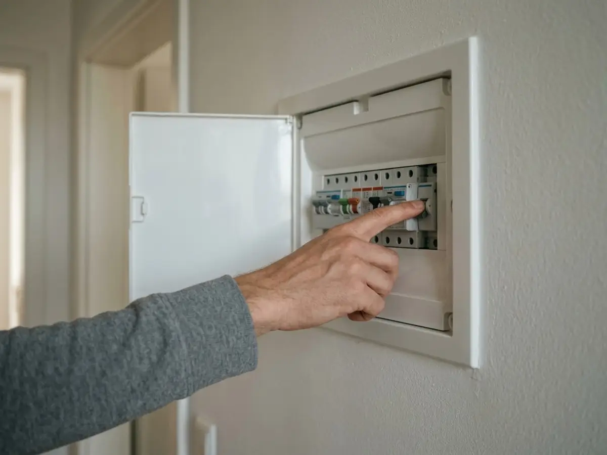 Mano bajando el interruptor general de un cuadro eléctrico de una vivienda