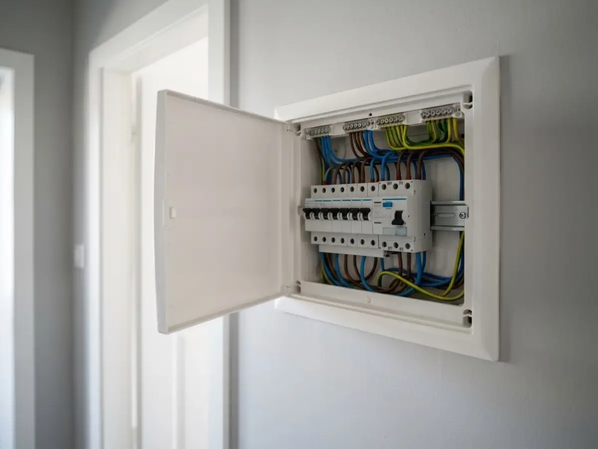Cuadro eléctrico nuevo con sus automáticos en fila recién montado en la pared de un pasillo