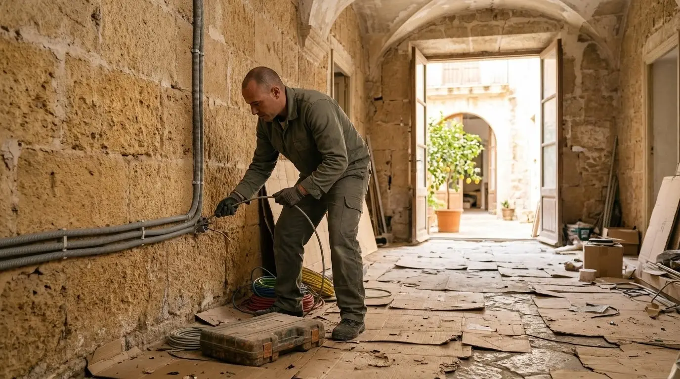 Electricista pasando cable nuevo por los tubos de la pared en un piso antiguo en reforma