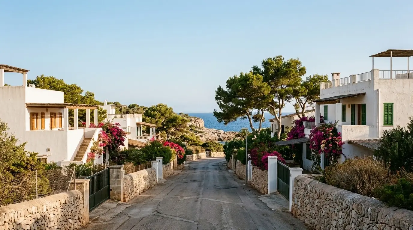 Calle de una urbanización de la costa de Llucmajor con chalés blancos, pinos y el mar al fondo