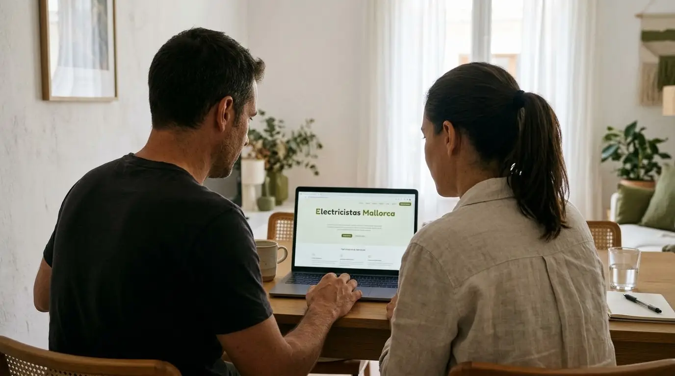 Pareja mirando en un portátil el presupuesto de un electricista, sentados a la mesa del comedor