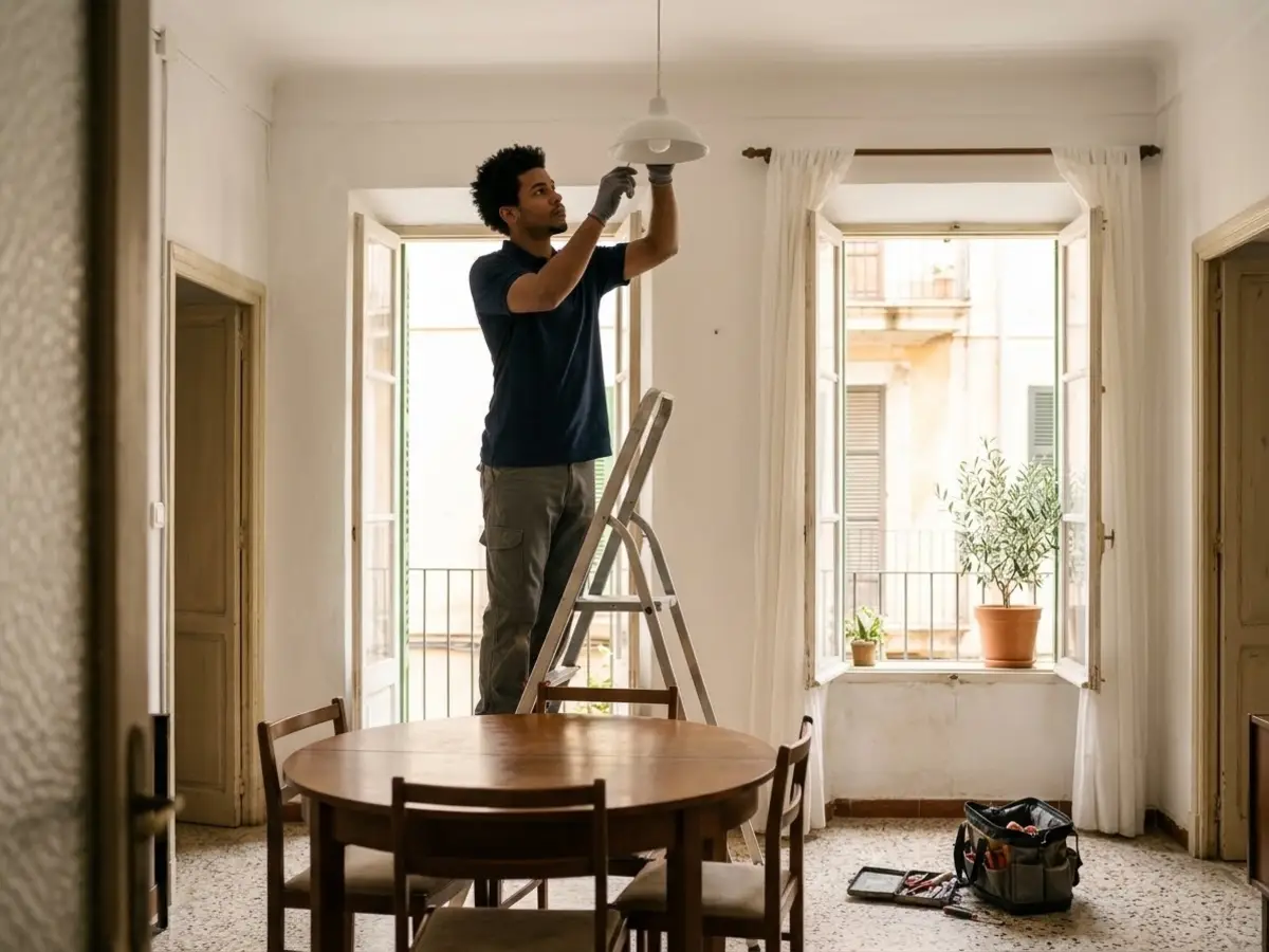 Electricista subido a una escalera colgando una lámpara del techo en el comedor de una casa
