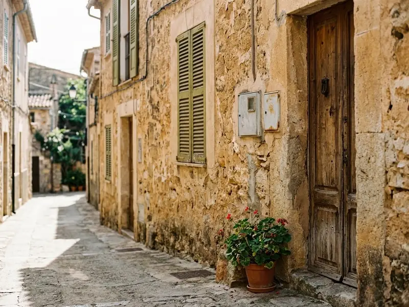 Contador de la luz y caja de protección en la fachada de una casa de pueblo de Mallorca
