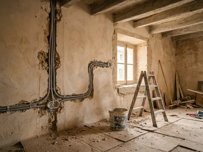 Pared de un piso en obra con las rozas abiertas y los tubos para el cable nuevo