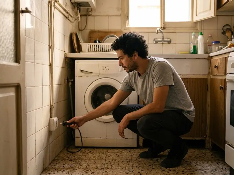 Hombre desenchufando la lavadora en la cocina de su casa para buscar qué hace saltar la luz