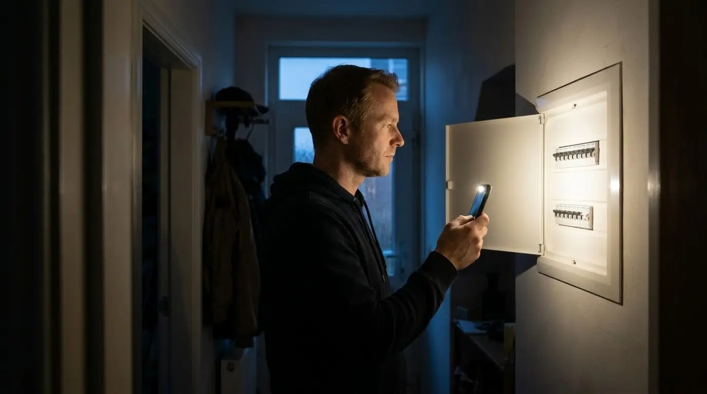 Hombre en el recibidor de su casa a oscuras iluminando el cuadro eléctrico con la linterna del móvil